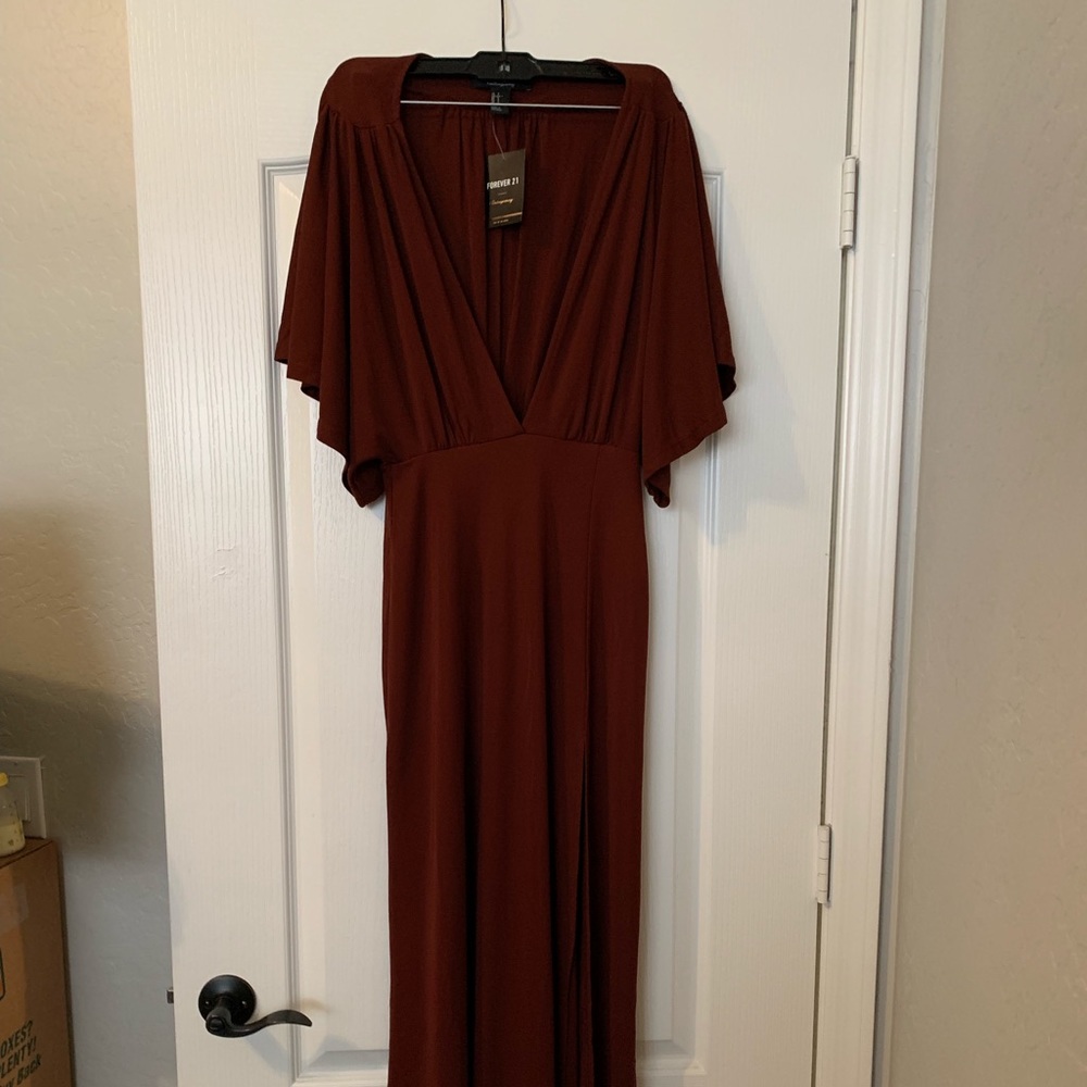 Burgundy Deep V Slit Dress Dress